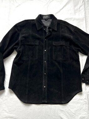 Saxony Collection leather shirt jacket mens Large black suede pocket flaps